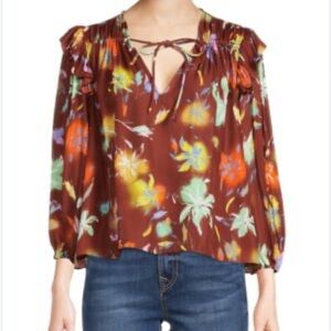Tanya Taylor Delaney Top in the Lily Haze Cinnamon brown multi-color silk blend